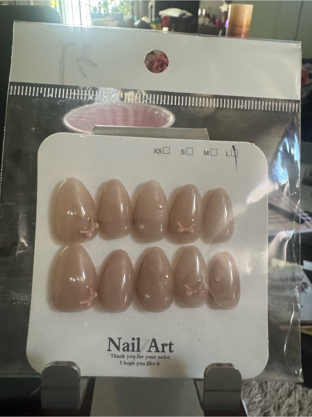 Neutral Blush Press-On Nails with Tiny Bow Accent (Short Almond Shape) - Picture 3 of 3